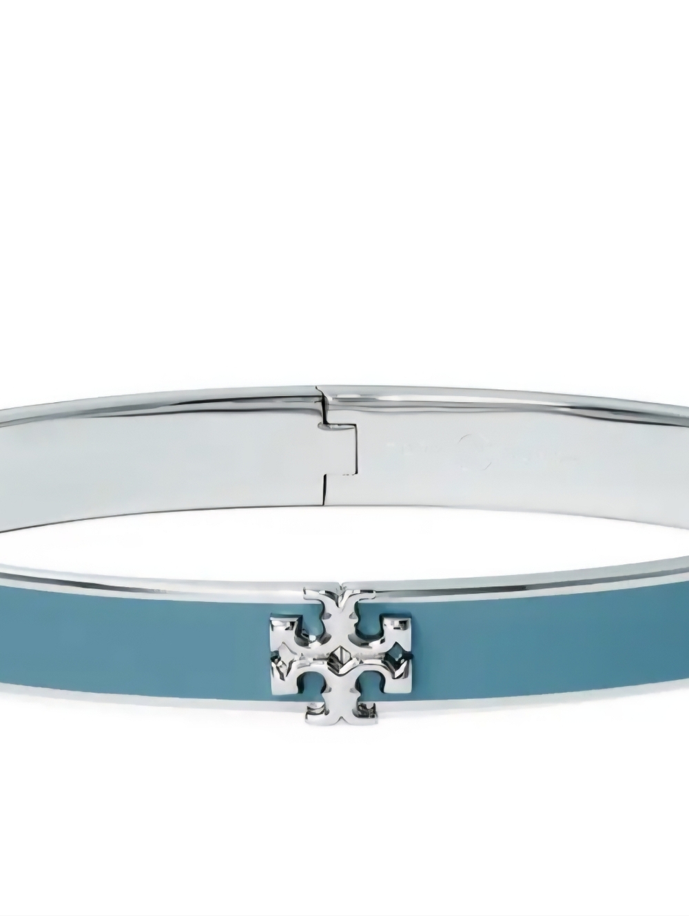 Tory Burch Silver and Blue Enamel Logo Hinged Bangle